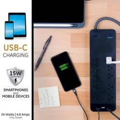 10-Outlet 2 USB-A 1 USB-C Surge Protector with 8 ft. Braided Cord, Black -Home Electronics Shop 10 outlet 2 usb a 1 usb c black 8 ft cord ge surge protectors 41357 fa 1000