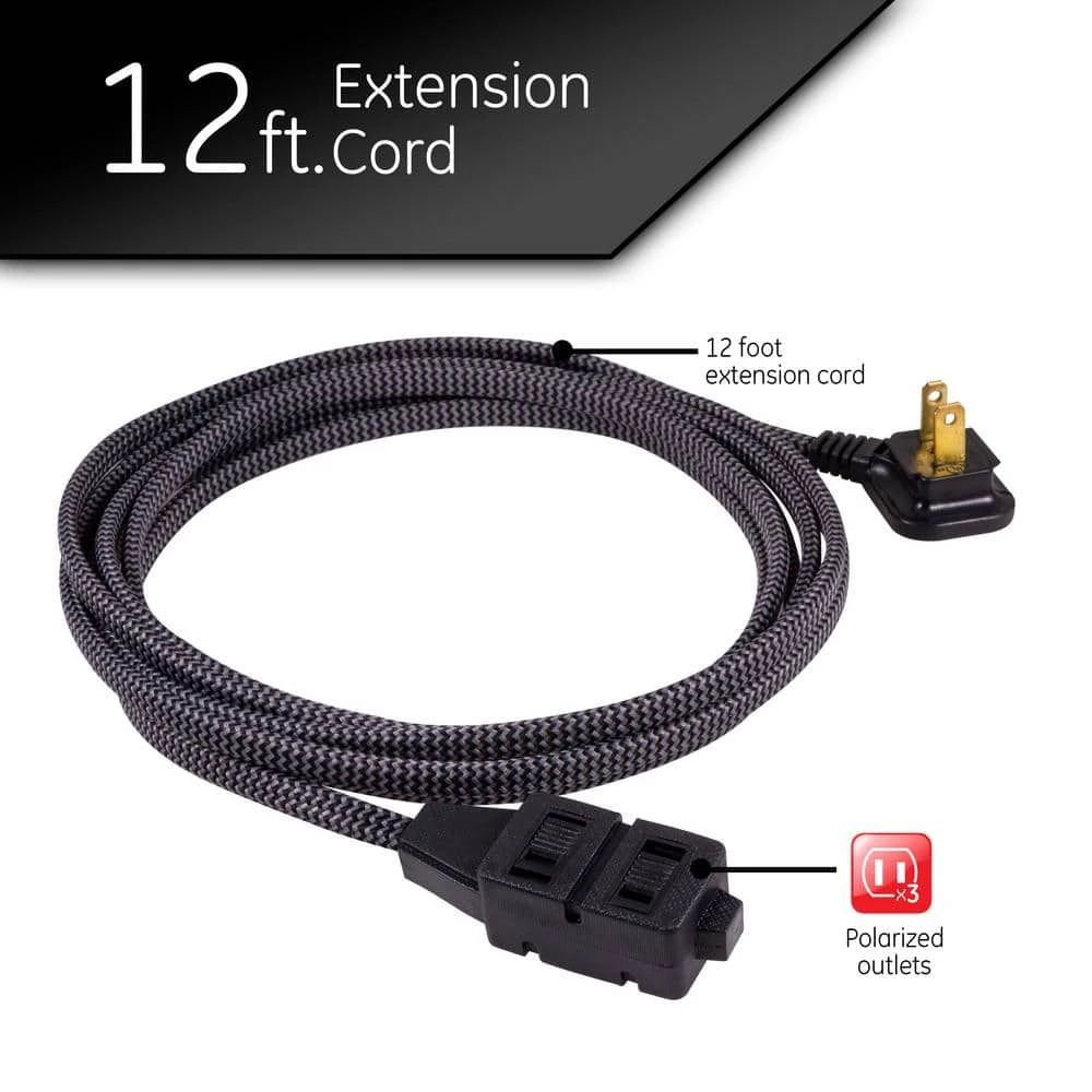 3-Outlet 12 ft. Tangle Free Extension Cord, Gray/Black by GE 2 3-Outlet 12 ft. Tangle Free Extension Cord, Gray/Black by GE - Image 2
