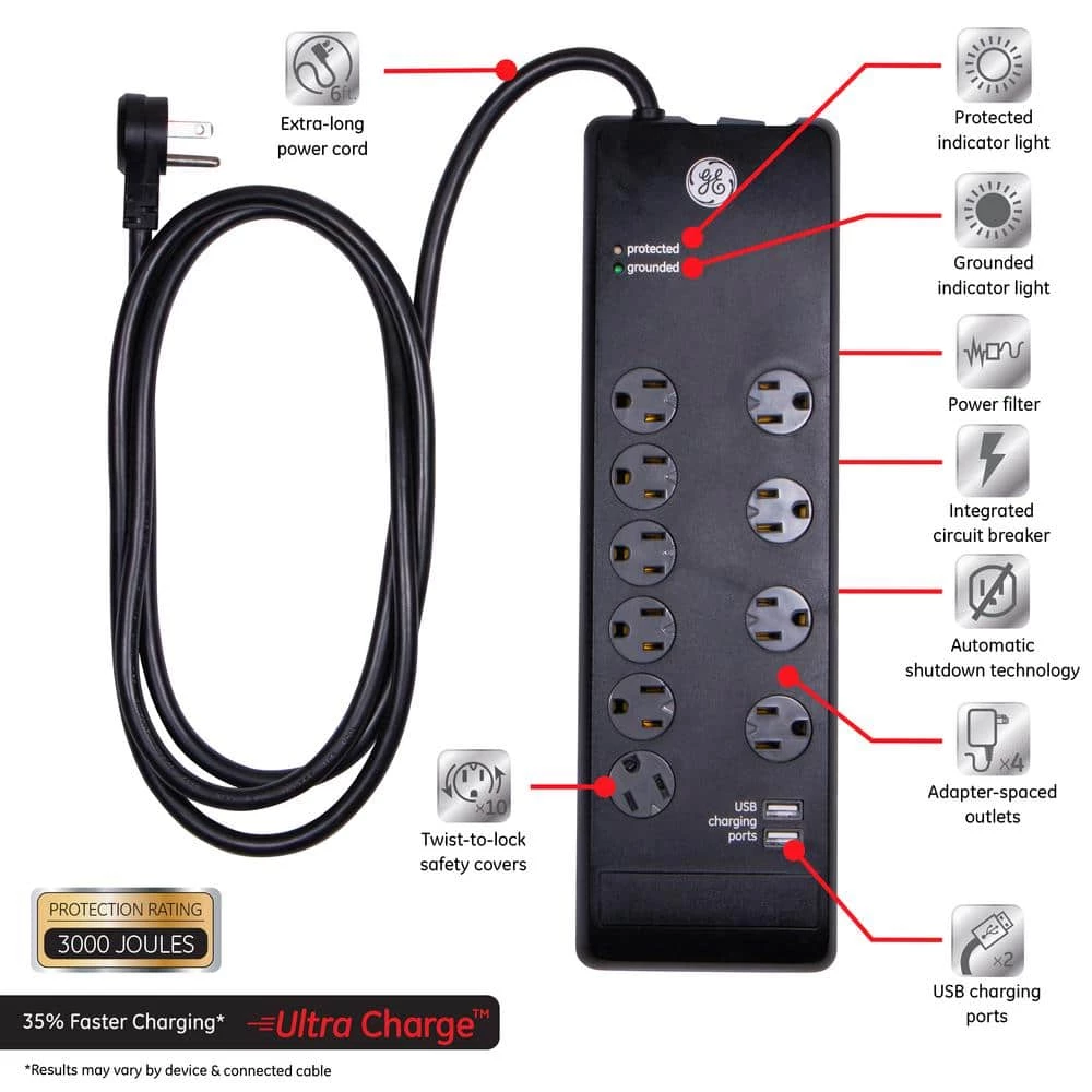 10-Outlet 2 USB Port Premium Surge Protector 2 10-Outlet 2 USB Port Premium Surge Protector - Image 2