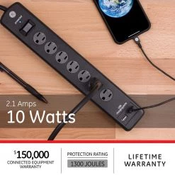 7-Outlet 2-USB Pro Surge Protector -Home Electronics Shop black 3 ft cord ge surge protectors 33664 76 1000