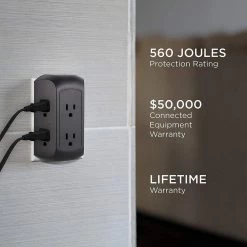 6-Outlet Wall Tap Surge Protector, 560J, Black, (2-Pack) -Home Electronics Shop black ge electrical outlets receptacles 47845 44 1000