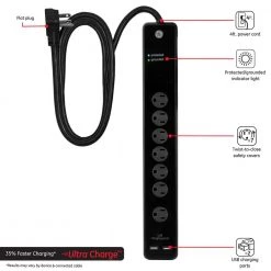 7 Outlet, 2 USB Advanced Surge Protector -Home Electronics Shop black ge surge protectors 25795 c3 1000