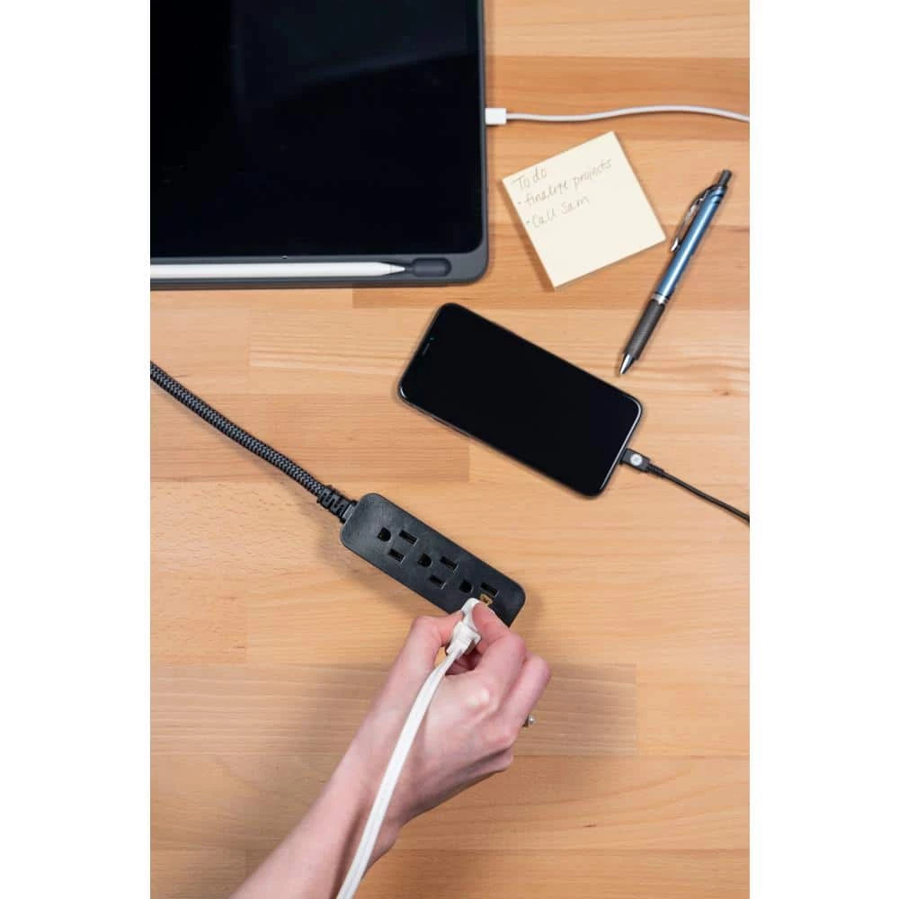 3-Outlet Power Strip with 6 in. Braided Extension Cord Surge Protector, Black and Gray 5 3-Outlet Power Strip with 6 in. Braided Extension Cord Surge Protector, Black and Gray - Image 5