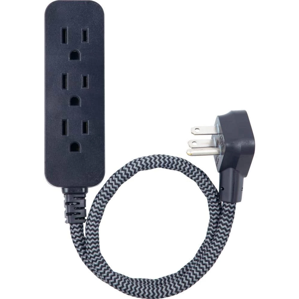 3-Outlet Power Strip with 6 in. Braided Extension Cord Surge Protector, Black and Gray 1 3-Outlet Power Strip with 6 in. Braided Extension Cord Surge Protector, Black and Gray