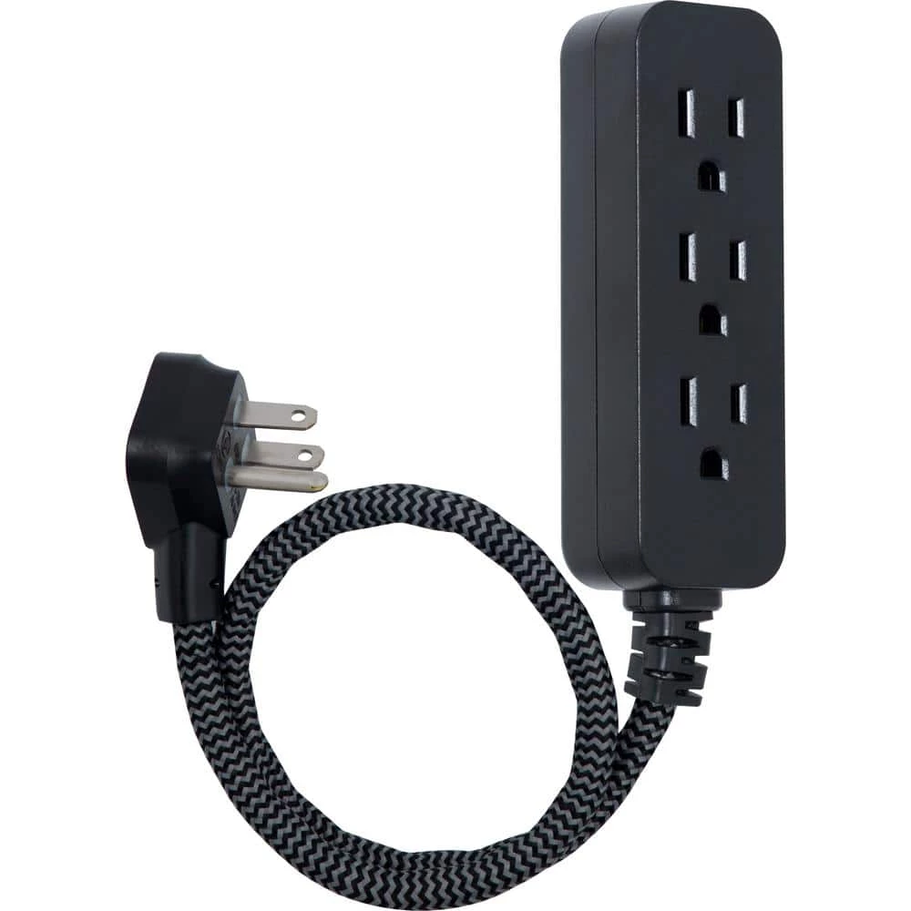 3-Outlet Power Strip with 6 in. Braided Extension Cord Surge Protector, Black and Gray 2 3-Outlet Power Strip with 6 in. Braided Extension Cord Surge Protector, Black and Gray - Image 2