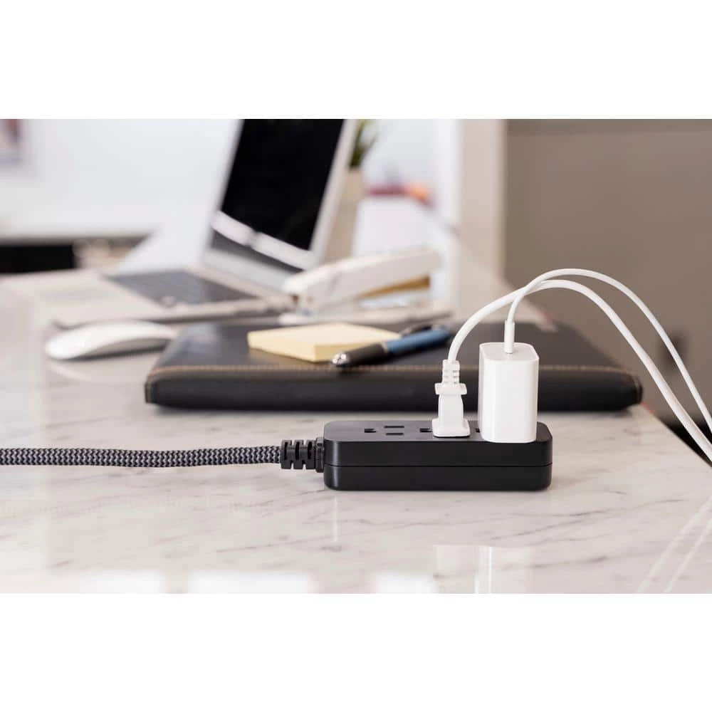 3-Outlet Power Strip with 6 in. Braided Extension Cord Surge Protector, Black and Gray 6 3-Outlet Power Strip with 6 in. Braided Extension Cord Surge Protector, Black and Gray - Image 6
