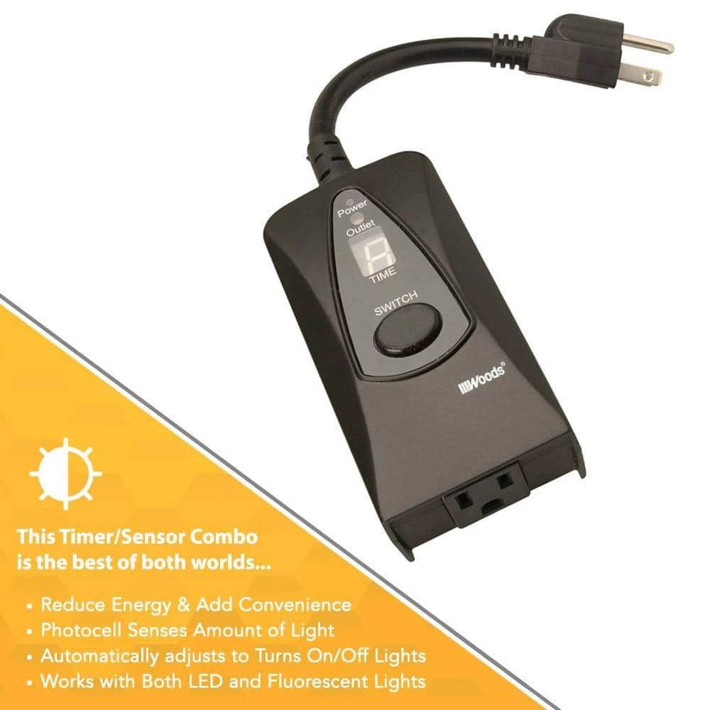 15-Amp 24-Hour Outdoor Plug-In Photocell Light Sensor Single-Outlet Digital Timer, Black by Woods 3 15-Amp 24-Hour Outdoor Plug-In Photocell Light Sensor Single-Outlet Digital Timer, Black by Woods - Image 3