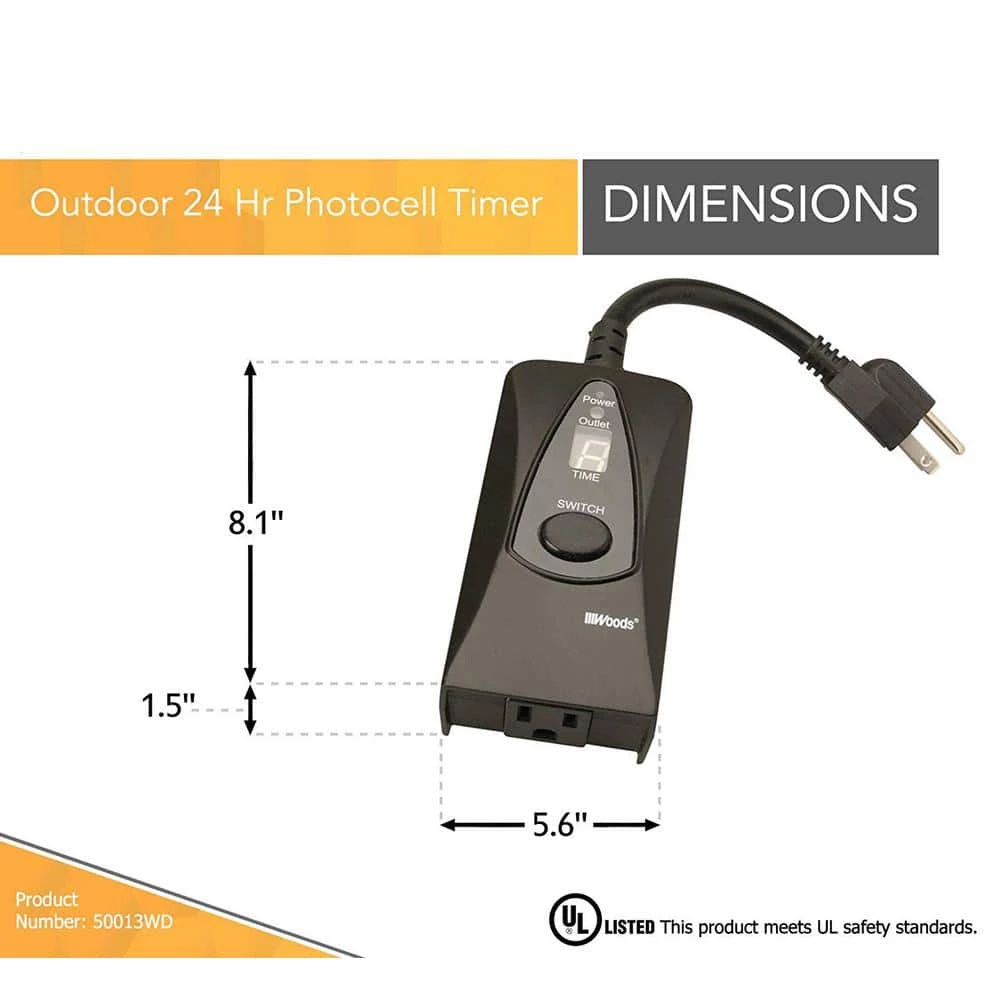 15-Amp 24-Hour Outdoor Plug-In Photocell Light Sensor Single-Outlet Digital Timer, Black by Woods 4 15-Amp 24-Hour Outdoor Plug-In Photocell Light Sensor Single-Outlet Digital Timer, Black by Woods - Image 4