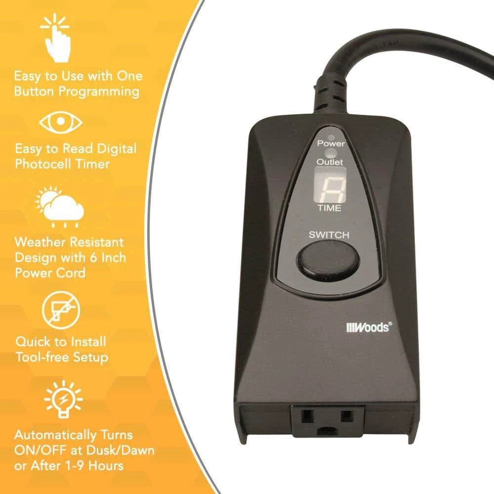 15-Amp 24-Hour Outdoor Plug-In Photocell Light Sensor Single-Outlet Digital Timer, Black by Woods 2 15-Amp 24-Hour Outdoor Plug-In Photocell Light Sensor Single-Outlet Digital Timer, Black by Woods - Image 2