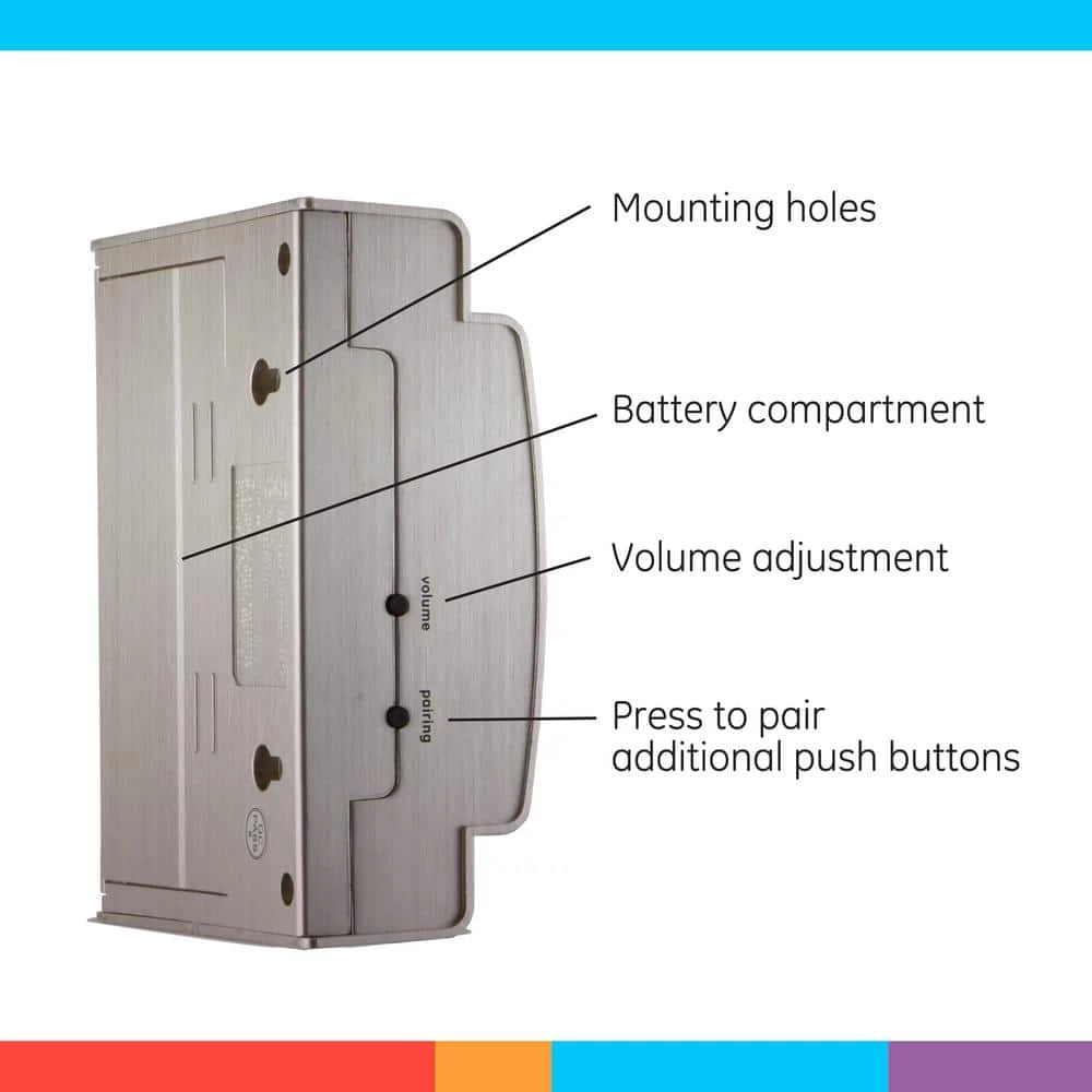 Satin Nickel, Wireless Door Bell Kit, 8 Melodies, 1 Receiver, 2 Push Buttons, Battery-Operated by GE 4 Satin Nickel, Wireless Door Bell Kit, 8 Melodies, 1 Receiver, 2 Push Buttons, Battery-Operated by GE - Image 4