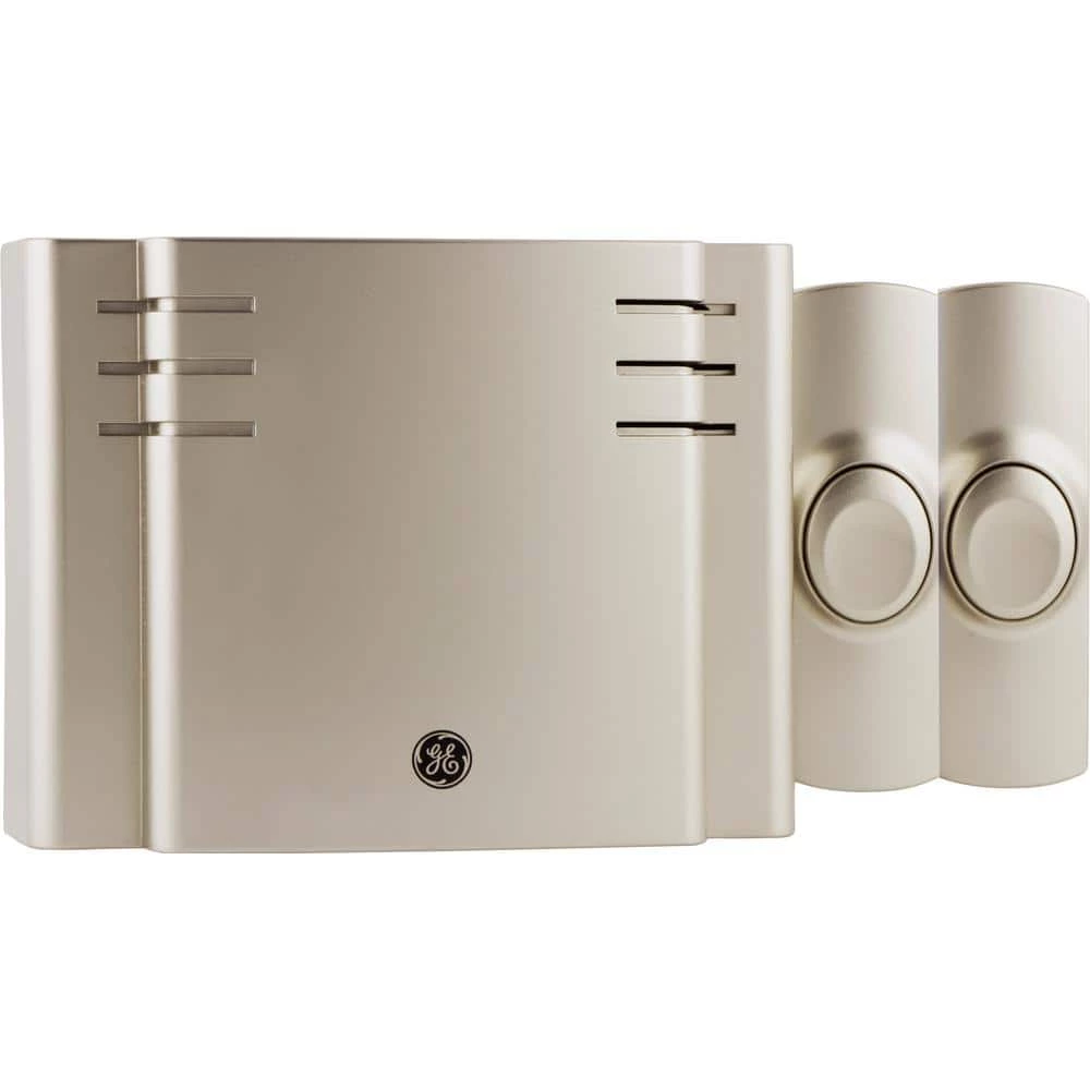 Satin Nickel, Wireless Door Bell Kit, 8 Melodies, 1 Receiver, 2 Push Buttons, Battery-Operated by GE 1 Satin Nickel, Wireless Door Bell Kit, 8 Melodies, 1 Receiver, 2 Push Buttons, Battery-Operated by GE