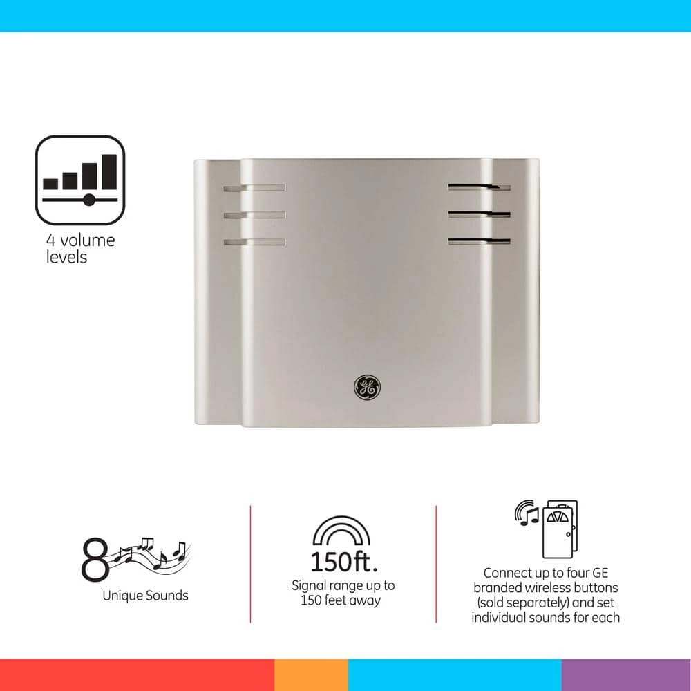 Satin Nickel, Wireless Door Bell Kit, 8 Melodies, 1 Receiver, 2 Push Buttons, Battery-Operated by GE 2 Satin Nickel, Wireless Door Bell Kit, 8 Melodies, 1 Receiver, 2 Push Buttons, Battery-Operated by GE - Image 2