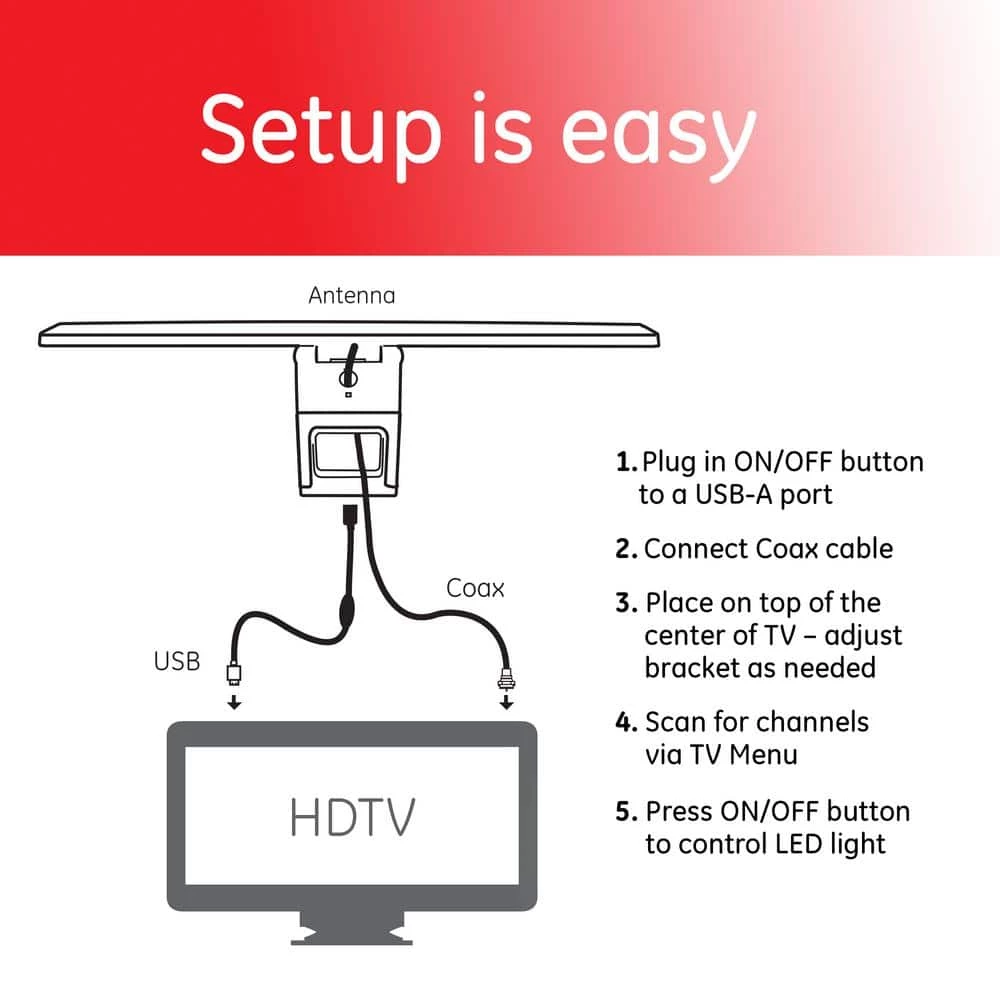 LED Bias Light HD TV Antenna, Improves Picture Quality, Reduces Eye Strain, Indoor, 4K 1080P Digital HDTV VHF UHF by GE 2 LED Bias Light HD TV Antenna, Improves Picture Quality, Reduces Eye Strain, Indoor, 4K 1080P Digital HDTV VHF UHF by GE - Image 2