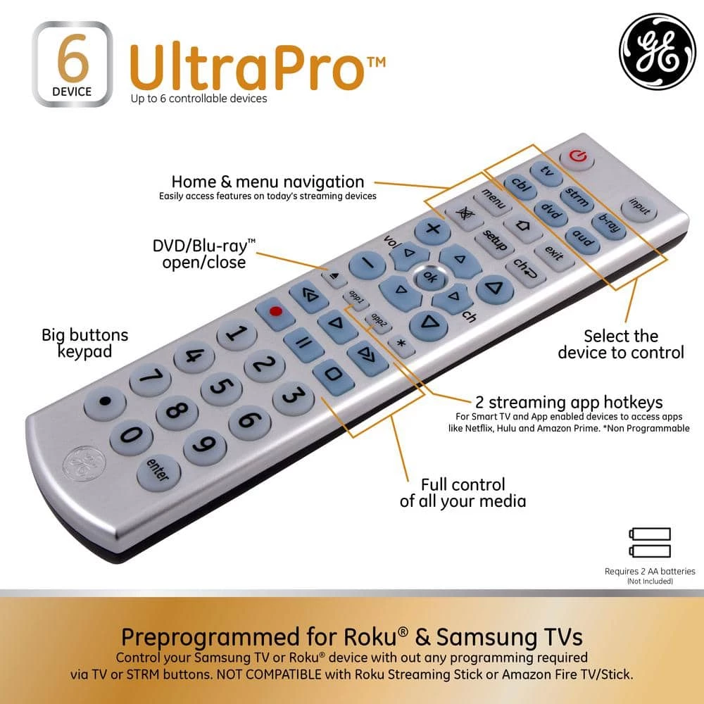 6-Device Backlit Big Button Universal TV Remote Control in Silver by GE 3 6-Device Backlit Big Button Universal TV Remote Control in Silver by GE - Image 3