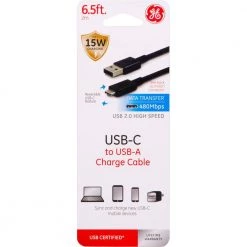 6.5 ft. USB-C to USB-A Charge and Sync Cable, Black -Home Electronics Shop ge usb cables 33780 44 1000
