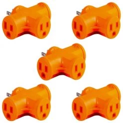 Heavy-Duty 3-Outlet T-Shaped Grounded Tap Adapter Plug, Orange (5-Pack)