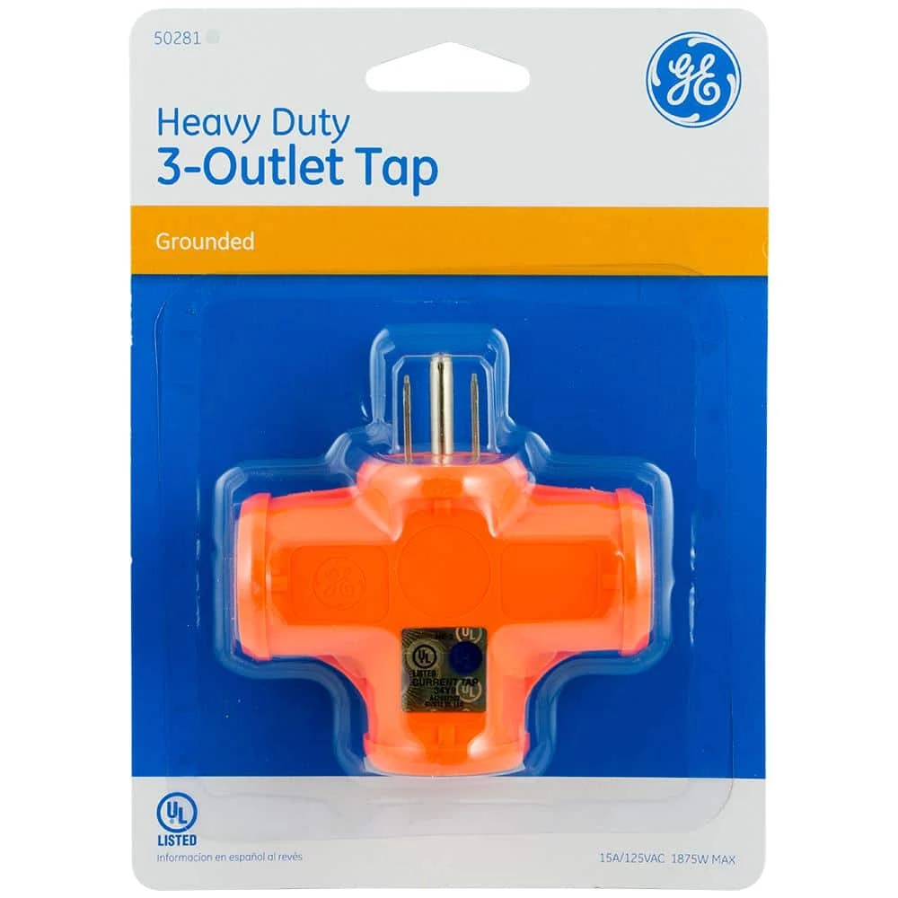 15 Amp Grounded T-shaped Outlet Tap Adapter - Orange 3 15 Amp Grounded T-shaped Outlet Tap Adapter - Orange - Image 3