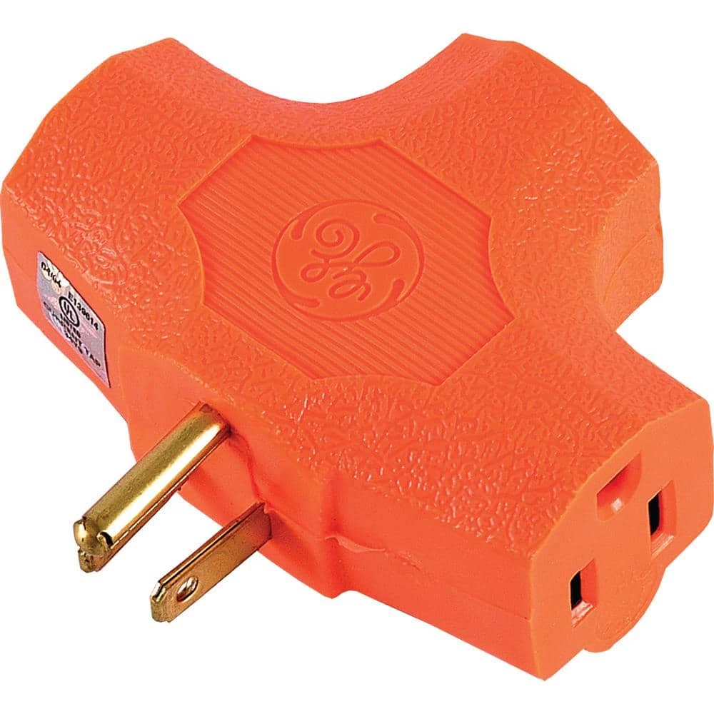 15 Amp Grounded T-shaped Outlet Tap Adapter - Orange 2 15 Amp Grounded T-shaped Outlet Tap Adapter - Orange - Image 2