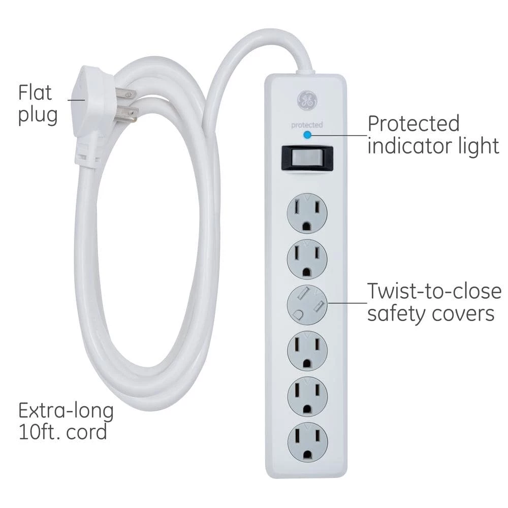 10 ft. 16/3 6-Outlet 800J Surge Protector Power Strip Extension Cord, White 2 10 ft. 16/3 6-Outlet 800J Surge Protector Power Strip Extension Cord, White - Image 2