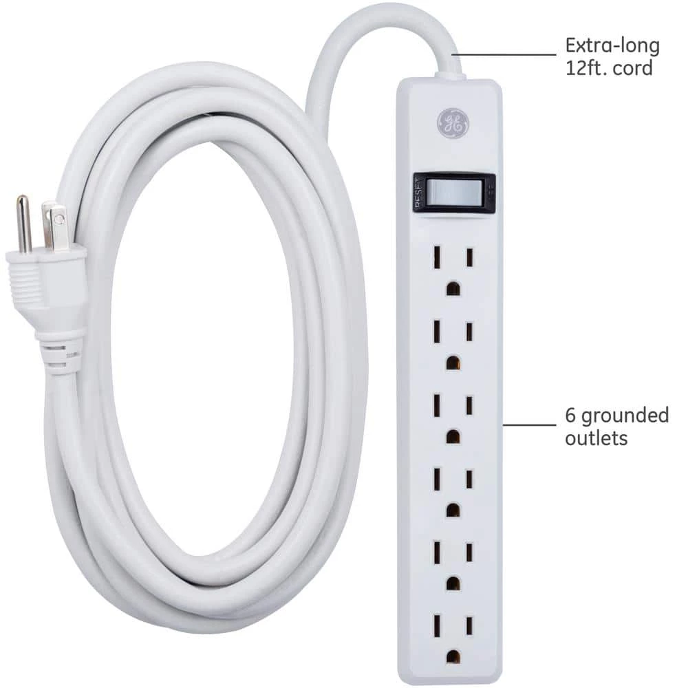 6-Outlet Grounded Power Strip with 12 ft. Long Extension Cord in White by GE 2 6-Outlet Grounded Power Strip with 12 ft. Long Extension Cord in White by GE - Image 2