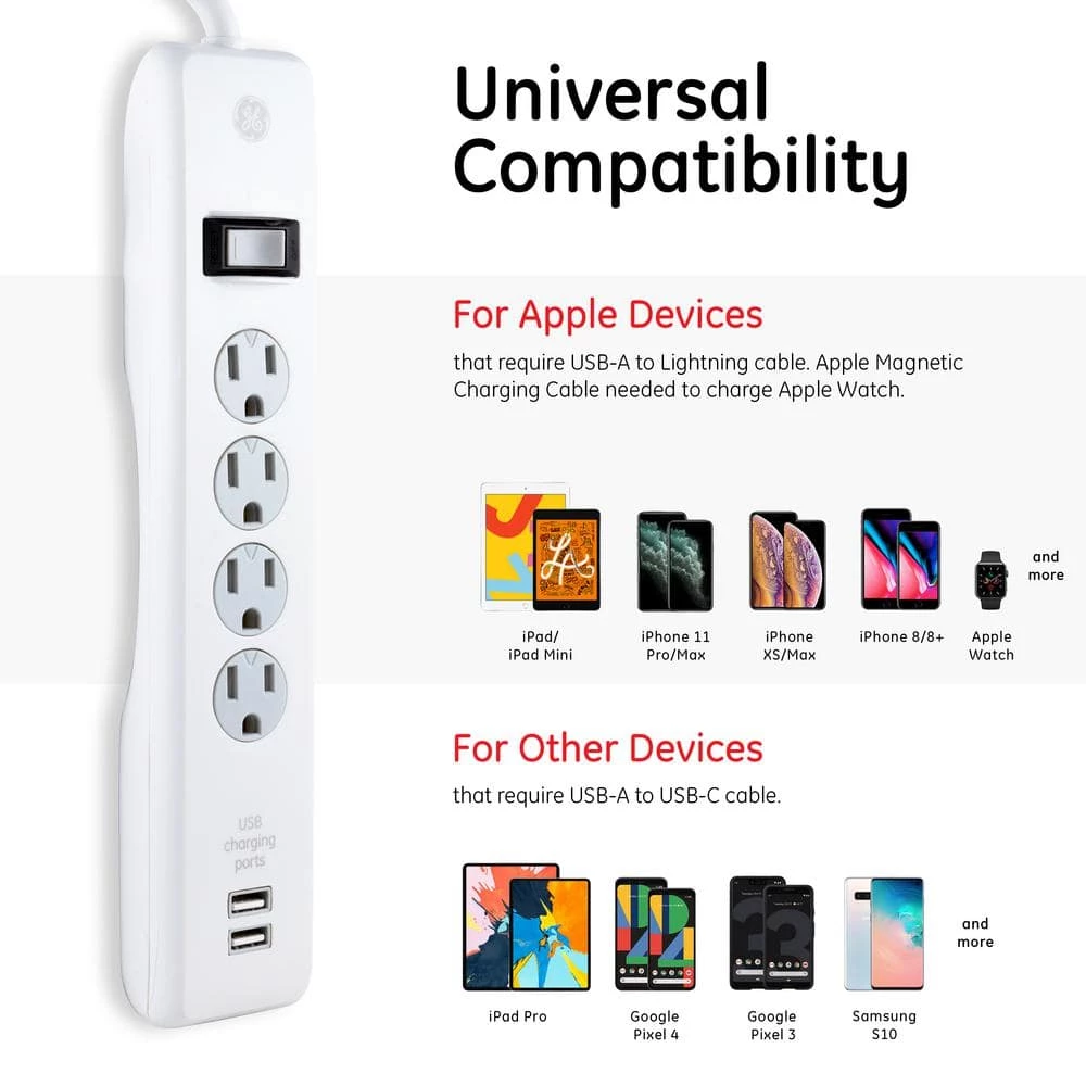 4-Outlet 2 USB Port Surge Protector with 6 ft. Cord, White 3 4-Outlet 2 USB Port Surge Protector with 6 ft. Cord, White - Image 3
