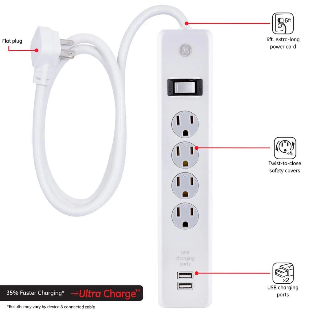 4-Outlet 2 USB Port Surge Protector with 6 ft. Cord, White 2 4-Outlet 2 USB Port Surge Protector with 6 ft. Cord, White - Image 2
