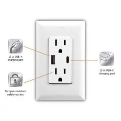 1 USB-A 1 USB-C In-Wall 2-Outlet 2-USB Receptacle, White by GE -Home Electronics Shop white ge electrical outlets receptacles 40838 1f 1000