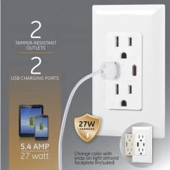 1 USB-A 1 USB-C In-Wall 2-Outlet 2-USB Receptacle, White by GE -Home Electronics Shop white ge electrical outlets receptacles 40838 4f 1000