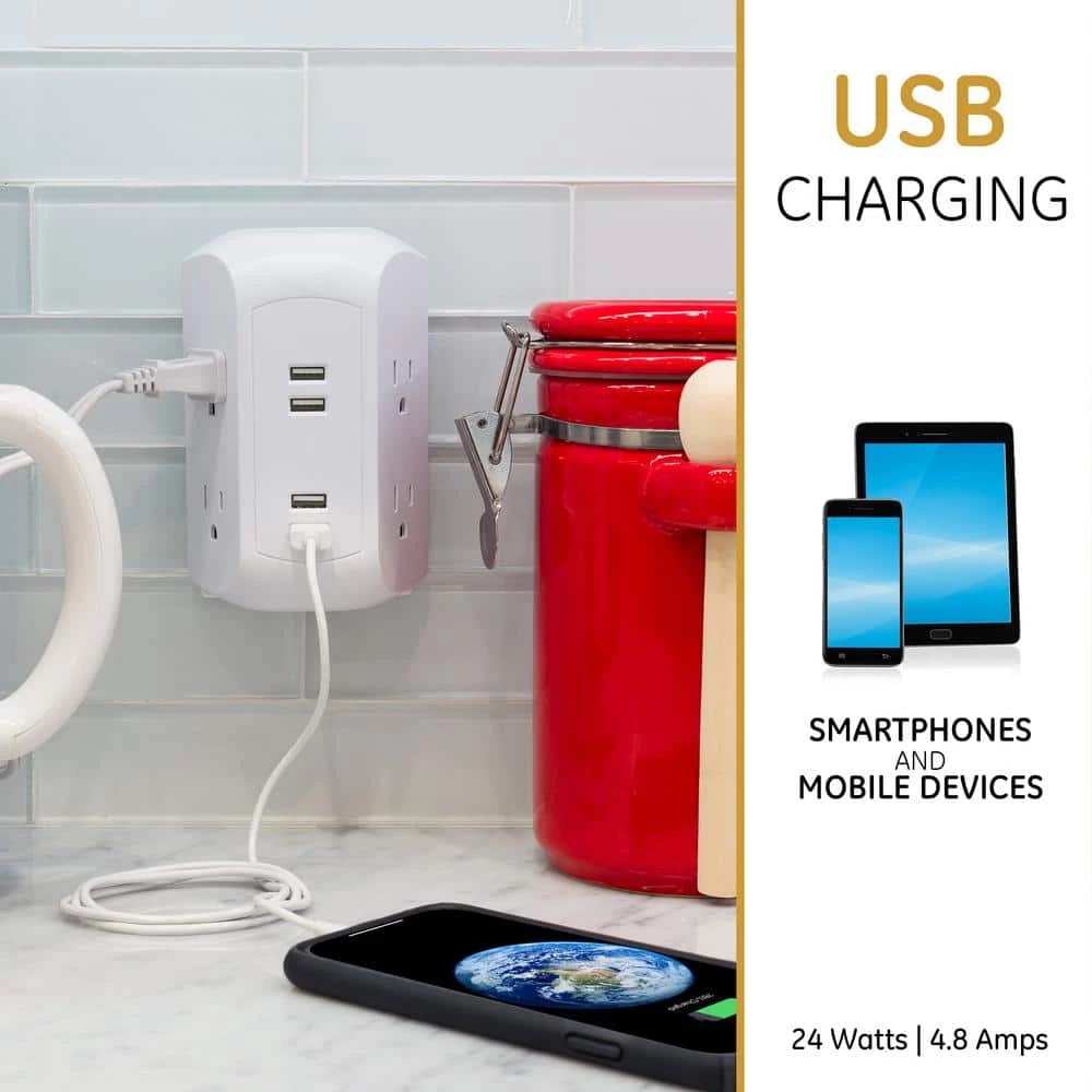 4-Outlet Grounded Wall Tap Surge Protector Adapter with 4 USB Ports, 560J, White, (2-Pack) 4 4-Outlet Grounded Wall Tap Surge Protector Adapter with 4 USB Ports, 560J, White, (2-Pack) - Image 4