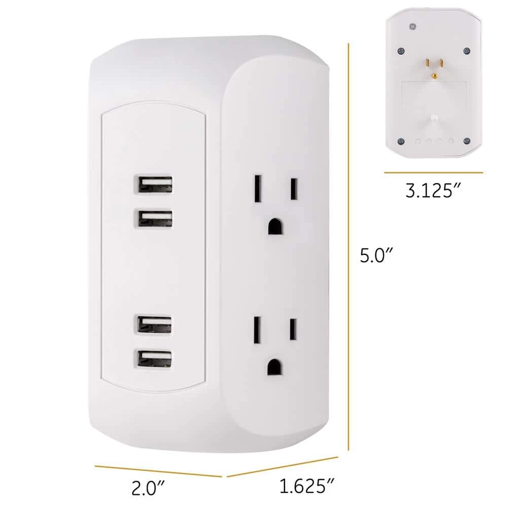 4-Outlet Grounded Wall Tap Surge Protector Adapter with 4 USB Ports, 560J, White, (2-Pack) 5 4-Outlet Grounded Wall Tap Surge Protector Adapter with 4 USB Ports, 560J, White, (2-Pack) - Image 5