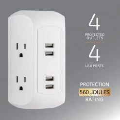 4-Outlet Grounded Wall Tap Surge Protector Adapter with 4 USB Ports, 560J, White, (2-Pack) 8 4-Outlet Grounded Wall Tap Surge Protector Adapter with 4 USB Ports, 560J, White, (2-Pack) -Home Electronics Shop white ge electrical outlets receptacles 50036 4f 1000