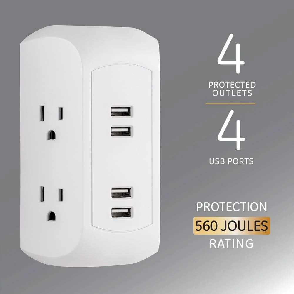 4-Outlet Grounded Wall Tap Surge Protector Adapter with 4 USB Ports, 560J, White, (2-Pack) 3 4-Outlet Grounded Wall Tap Surge Protector Adapter with 4 USB Ports, 560J, White, (2-Pack) - Image 3