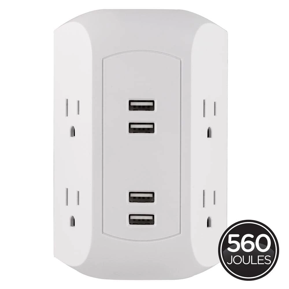 4-Outlet Grounded Wall Tap Surge Protector Adapter with 4 USB Ports, 560J, White, (2-Pack) 2 4-Outlet Grounded Wall Tap Surge Protector Adapter with 4 USB Ports, 560J, White, (2-Pack) - Image 2
