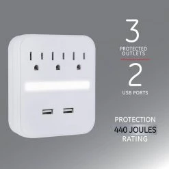 3-Outlet 440J Surge Protector Outlet Extender with USB Hub and Night Light, White, (2-Pack) -Home Electronics Shop white ge electrical outlets receptacles 50049 4f 1000