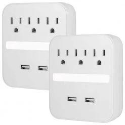 3-Outlet 440J Surge Protector Outlet Extender with USB Hub and Night Light, White, (2-Pack)