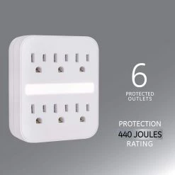 6-Outlet Grounded Surge Protector Wall Tap Adapter with Light Sensing Night Light, (2-Pack) -Home Electronics Shop white ge electrical outlets receptacles 50050 4f 1000