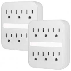 6-Outlet Grounded Surge Protector Wall Tap Adapter with Light Sensing Night Light, (2-Pack)