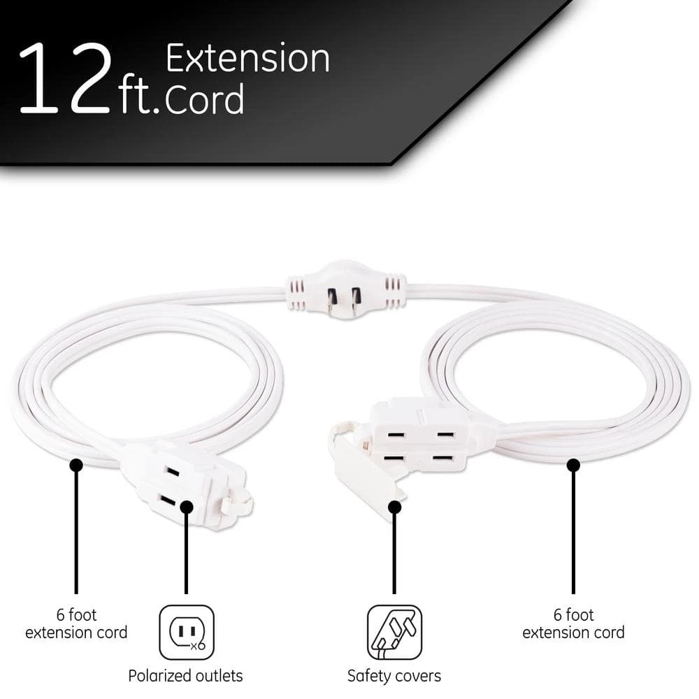 12 ft. 16/3 AWG 6-Outlet Polarized Sofa Extension Cord, White by GE 2 12 ft. 16/3 AWG 6-Outlet Polarized Sofa Extension Cord, White by GE - Image 2