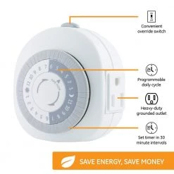 24-Hour Indoor Plug-In 1-Outlet Timer by GE -Home Electronics Shop white ge timers 15153 1f 1000