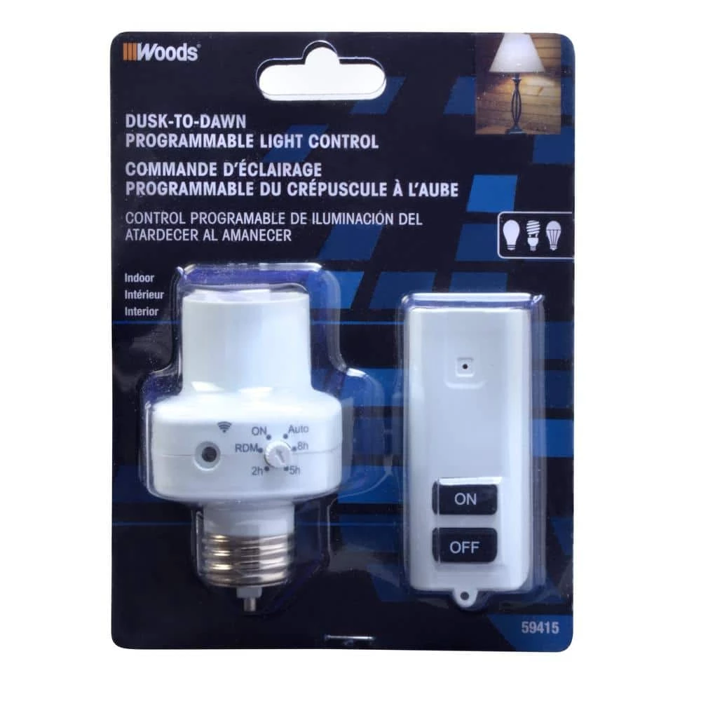 2-5-8 Hour Photocell Control Light Socket Timer with Wireless Remote Control, White by Woods 1 2-5-8 Hour Photocell Control Light Socket Timer with Wireless Remote Control, White by Woods