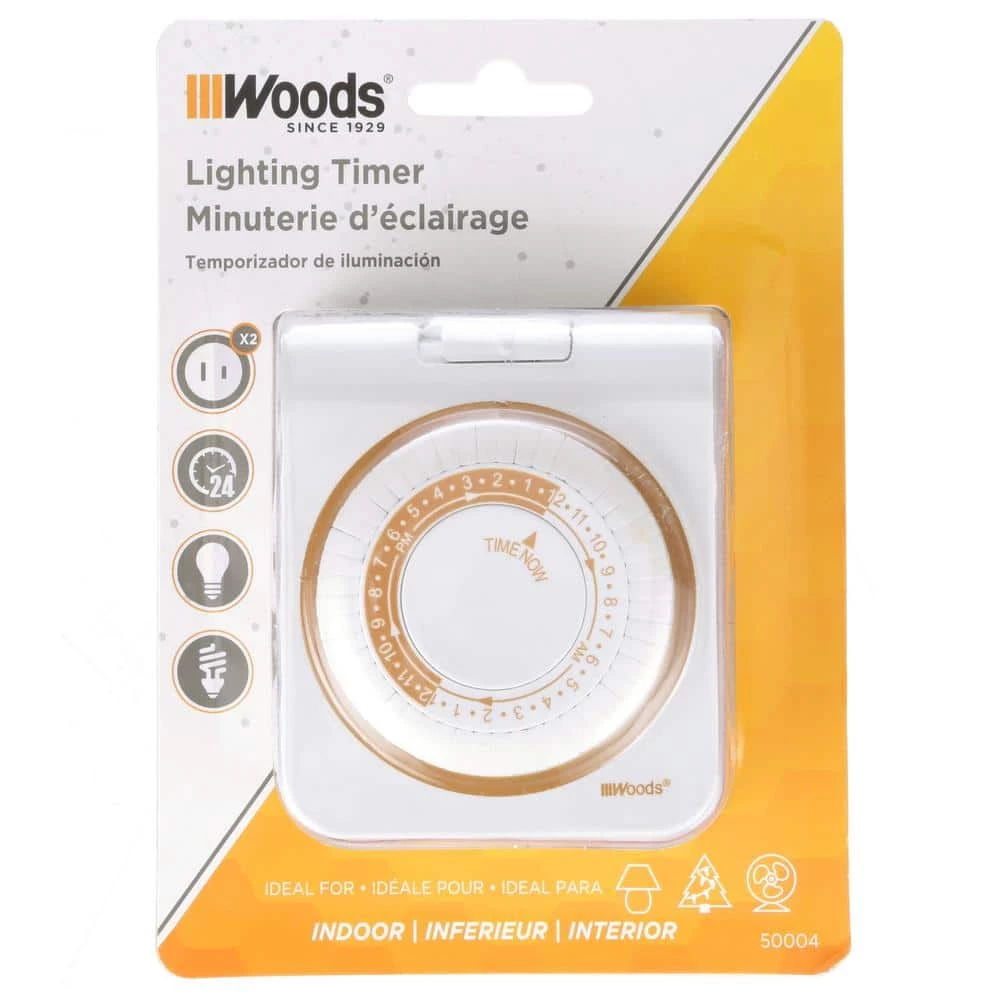 15-Amp 24-Hour Indoor Plug-In Dual-Outlet Mechanical Timer, White by Woods 2 15-Amp 24-Hour Indoor Plug-In Dual-Outlet Mechanical Timer, White by Woods - Image 2
