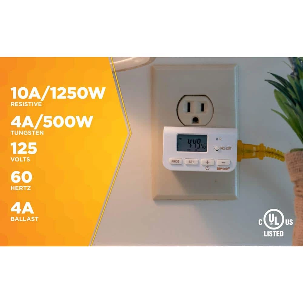 10 Amp Indoor Plug-In Daily Lamp Slim Fit Simple Set Single-Outlet Digital Timer, White (2-Pack) by Woods 8 10 Amp Indoor Plug-In Daily Lamp Slim Fit Simple Set Single-Outlet Digital Timer, White (2-Pack) by Woods - Image 8