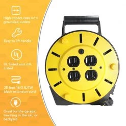 25 ft. 16/3 Multi-Outlet (4) Portable Extension Cord Reel Power Station by Woods -Home Electronics Shop woods extension cord reels 4907 77 1000