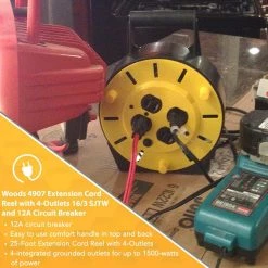 25 ft. 16/3 Multi-Outlet (4) Portable Extension Cord Reel Power Station by Woods -Home Electronics Shop woods extension cord reels 4907 c3 1000