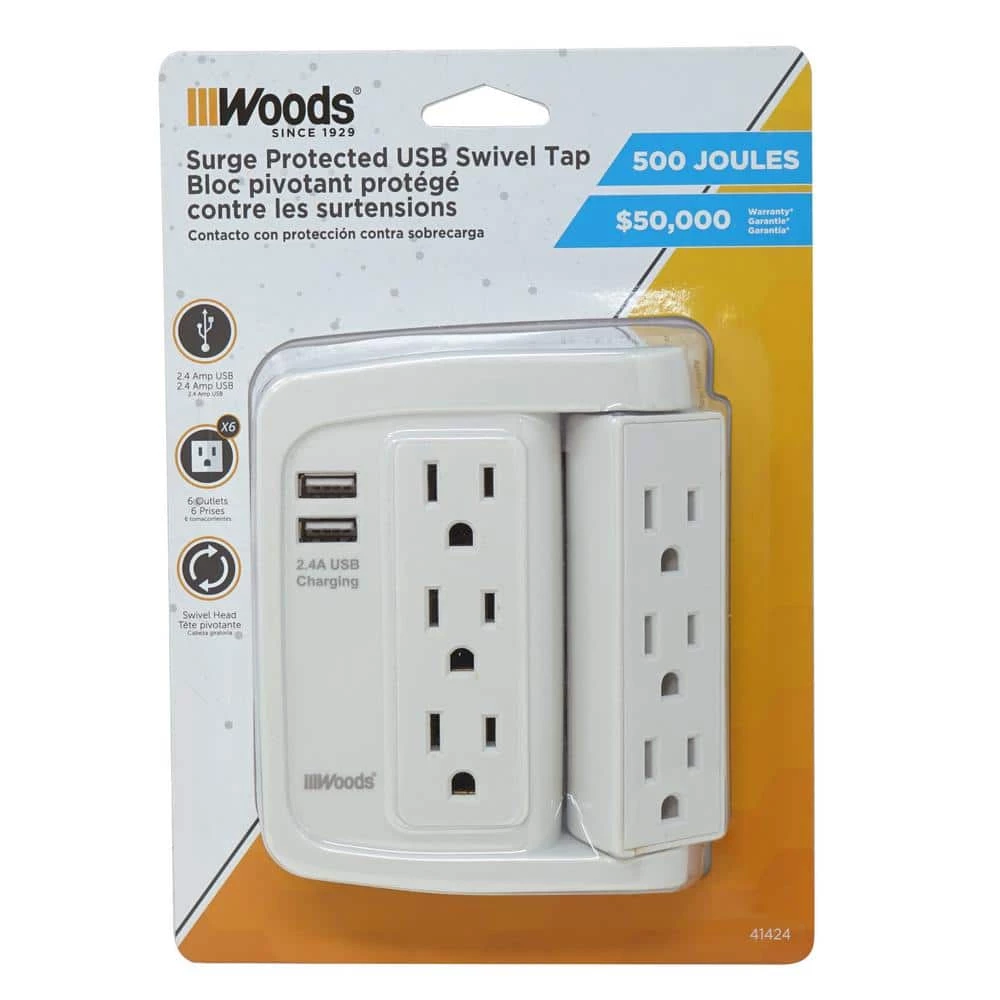6-Outlet Surge Tap with Phone Cradle by Woods 2 6-Outlet Surge Tap with Phone Cradle by Woods - Image 2
